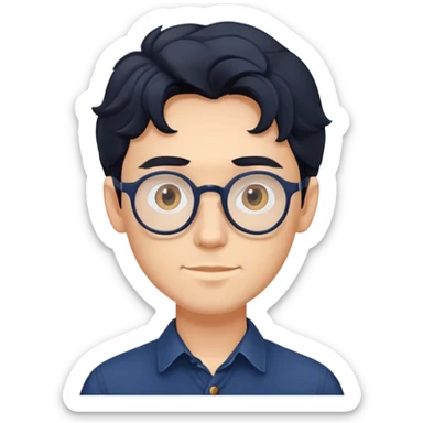 Upper body only of young caucasian man with longer wavy black hair, round glasses, wearing comfortable dark blue buttoned shirt sticker