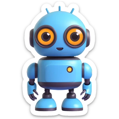 Friendly robot with big expressive eyes — round head, glossy finish, slightly clumsy but charming (think Wall-E meets Baymax). sticker