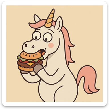 unicorn eating a hamburger, cartoon style, playful sticker