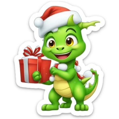 happy little green cartoon dragon of child, in winter, in work pants, in work clothes, in winter boots, in a Santa Claus hat, New Year, with presents sticker