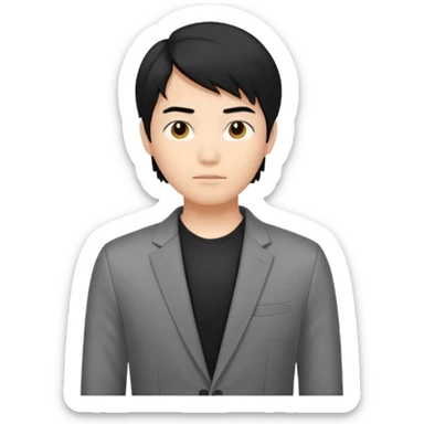 asian young man with mid-long black hair middle part haircut in grey blazer and black t-shirt  sticker