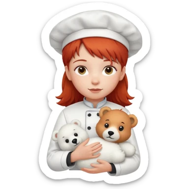 girl kid italian chef, red haired, uniform, holding plush polar bear sticker