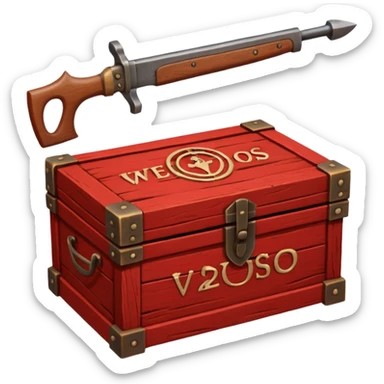 generate a very realistic wooden box with a red weapon inscription sticker
