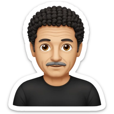 60 year old Greek man with short black curly hair that sticks up and has a black shirt sticker