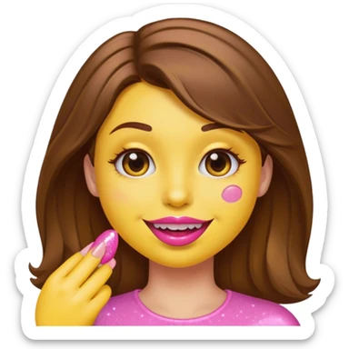 Yellow emoji with brown hair and feminine that is seductively, biting pink acrylic nail with pink sparkly lip gloss smirking with a dimple on the right sticker
