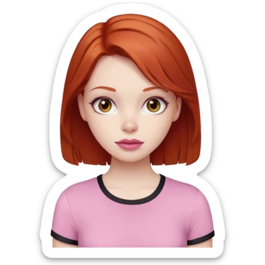 Redhead girl with deep brown eyes, pale skin with light red lips wearing a pink strap shirt sticker