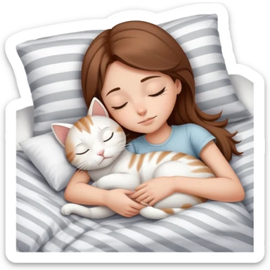 side view brown haired teenage girl sleeping with white cat that has grey stripes on a white pillow with white sheets sticker