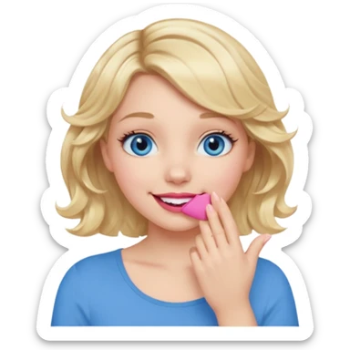 Girl Blonde short wavy hair,  blue eyes, cute blue top, long lashes, pink lips, smiling, hand covering the mouth sticker