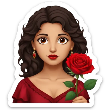 A Romani woman with dark wavy hair, a single red rose tucked behind one ear, and a confident gaze sticker