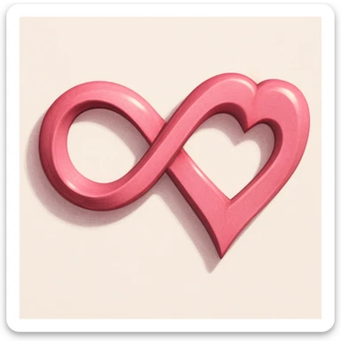 A pink infinity sign with pronounced, dramatic shadows and highlights, the heart merged into the lower right curve of the infinity, making it look like the heart is a natural extension of the symbol. sticker