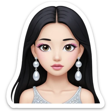 asian long black hair silver grey eyes glossy lips glittery white and light pink eyeshadow girl pearl earrings sticker