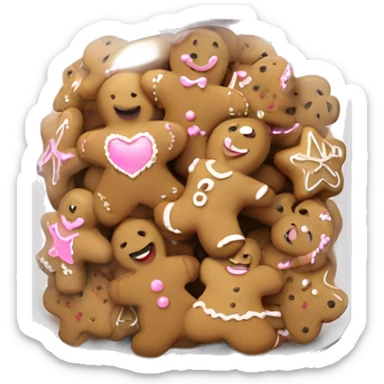 Realistic glass cookie jar with light pink lid full of gingerbread cookies isolated.  sticker