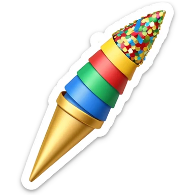 A small cone-shaped party popper tilted to the side, usually gold or yellow with diagonal stripes. It bursts open at the top, releasing colorful confetti and streamers in blue, red, yellow, or green. Represents celebrations, parties, excitement, or congratulations. sticker