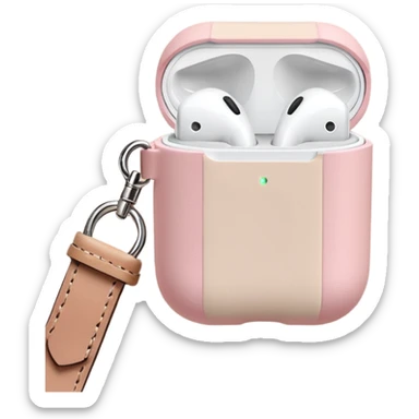 Pastel pink AirPods case on top of a beige travel journal, minimal setup sticker