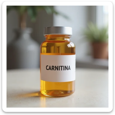 modern pharmaceutical vial with large readable label 'CARNITINA', natural light, hyperrealistic 4K sticker