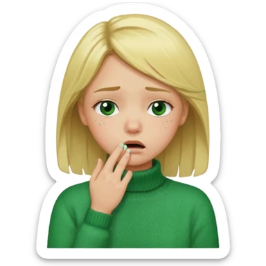 blonde girl in green jumper with hand on throat, sad sticker