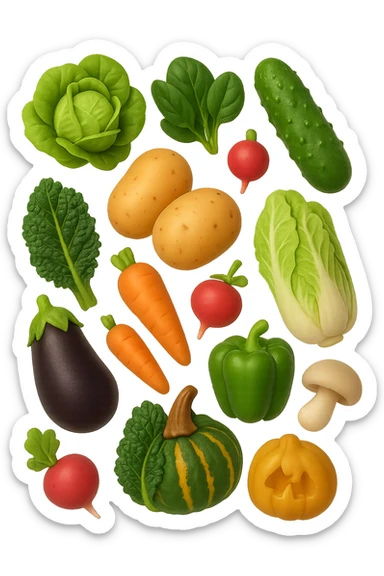 emoji stile iphone 3d di Lattuga, spinaci, cavolo cinese, cavolo nero
Patate, carote, rape, ravanelli
Melanzane, cetrioli, peperoni verdi
Funghi ostrica
Zucca kabocha
 che fluttuano in aria, iperealistico 4k sticker