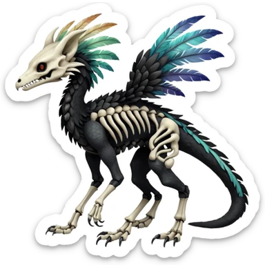 Rare realistic tribal patterned white whitish pastel colorful iridescent shiny glossy feathered skeletal badass epic handsome gorgeous aesthetic black-skulled Vernid-Trico-Sergal-Salandit-Nargacuga-species-Fakemon-creature by LiLaiRa, 4 legs, 1 tail, random markings, (full body) long ears sticker