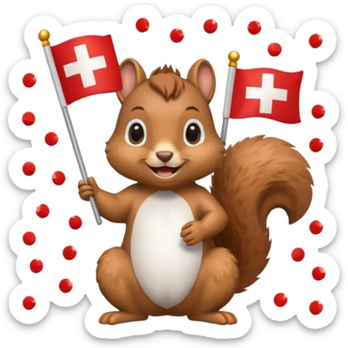 squirrel holding a Swiss flag, surrounded by confetti, emoji style sticker