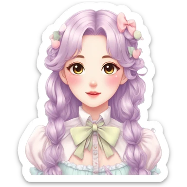 Gorgeous pastel anime style lady with blushing face and laces bow ties necklace cottagecore fairycore pastelcore colorful pearly romantic simplistic aesthetic trending style sticker