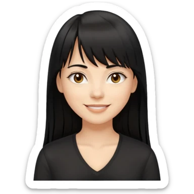 A white woman with Long straight hair with bangs, black hair, brown eyes and a black low-cut shirt smiling sticker
