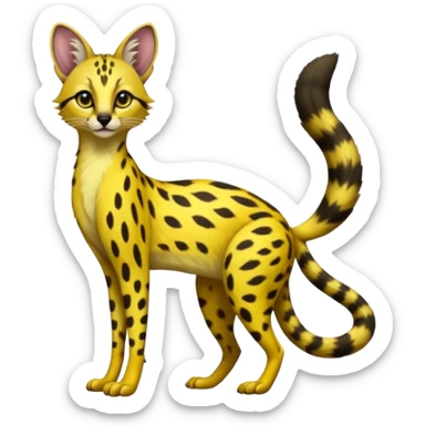 Lanky slender beautiful elegant spotted hype-realistic, black-maned, vibrant yellow Genet-Serval-Civet-fusion-hybrid-furry-fursona, full body sticker