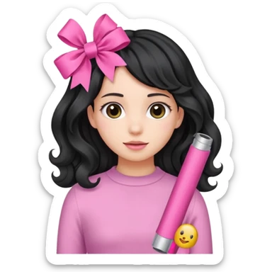 Girl with black wavy not so long hair and a ribbon hair clip make it look like wearing a pink tube sticker