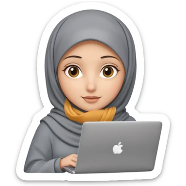 A girl wearing a gray hijab and with hazel eyes is carrying a laptop, not a laptop, just a regular laptop. Not mat bock  sticker