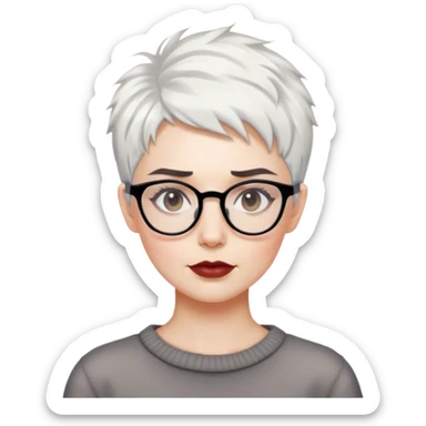 White woman with messy short pixie white hair, dark brows, glasses sticker