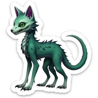 Bloody gory spectral spooky dark bleak blackish swampy white-skeletal gloomy ghostly dark greyish dark-deep-greenish foggy eldritch beautiful realistic edgy fantasy ghoul-like stitched feline-vernid-sergal-fursona animal creature with a tufted tail full body with intricate markings  sticker