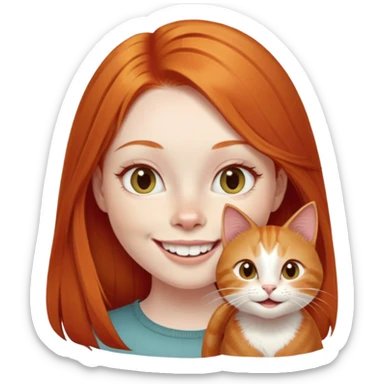 traditional emoji of young girl with very pale skin, long straight bright ginger red hair, cat-like almond-shaped eyes that are angled upward, wide flat nose, big smile with very large prominent teeth showing, classic round face sticker