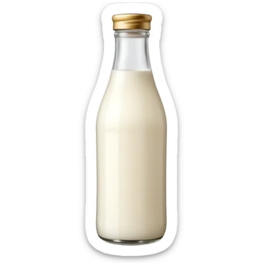 tall clear or opaque glass bottle filled with creamy white liquid, sealed with simple cap, soft natural shape, faint label hinting goat origin, no text or branding, milk richer tone than cow's milk, soft lighting, subtle shadows, emoji scale sticker