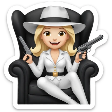 Mafia blondes Laughter lol woman in hat , gun ,black armchair , white costume  sticker