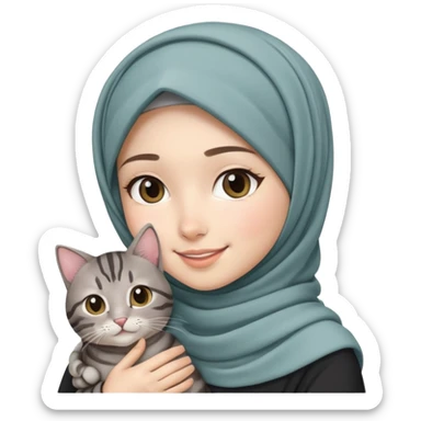 Asian white girl wearing pretty hijab holding a black grey tabby cat with smiling sticker