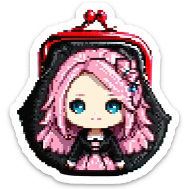 pink and black gothic coin purse, cute and chibi, small size, simple details sticker