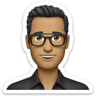 Creame un emoji de un hombre con el pelo negro y gafas, que tenga una camisa cuello redondo con unas letras que digan HUGO BOSS sticker