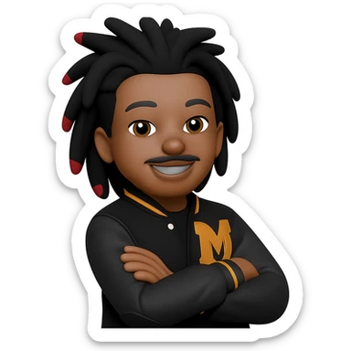 Create a male African American emoji with his hairstyle and features from the first reference photo, wearing a letterman jacket with an M on it, arms crossed and smiling, with a pencil mustache. The style should match the 3D cartoon style of the second reference image. Remove the background. sticker