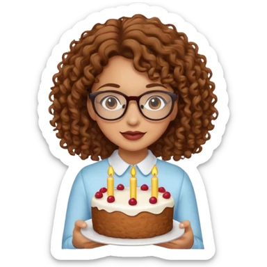 Tanned girl with brown curly hair wearing glasses with a cake  sticker