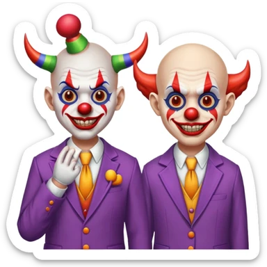 demonic clown wearing a leisure suit, bald with different horn styles sticker