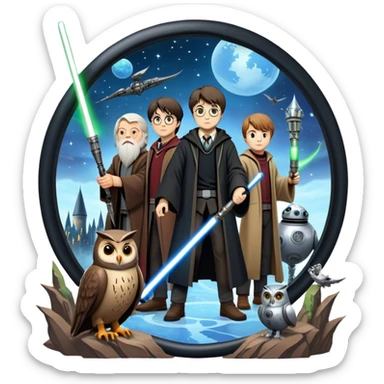 Icon for Fantasy and Sci-Fi Movies: Collage featuring Harry Potter with his wand, Dumbledore. Luke Skywalker with a lightsaber and futuristic robots. Background with a magical planet, Hogwarts, flying owls and spaceships. Epic and magical atmosphere. Transparent background. sticker