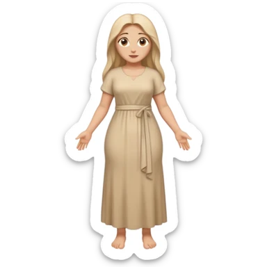 fullbody Mary Magdalene, athletic and curvy, very pretty detailed face, simple light tan dress, arms down pose, emoji style sticker
