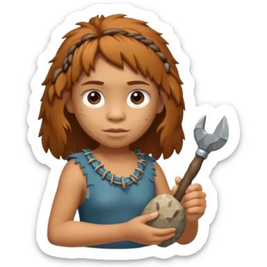 cartoon Neanderthal girl kid holding a stone tool sticker