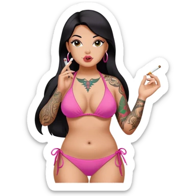caucasian curvy girl, with tattoos, in pink bikini, smoking, with a long straight black hair  sticker