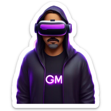 Big Lebowski wearing a black hoodie with "OMG" letters on it and VR headset oculus quest 2 in a cyberpunk VR environment with violet neon lighting. sticker