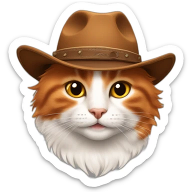 pure orange smiling hairy japanese bobtail cat while wearing a brown cowboy hat with the ears poking out of the hat sticker