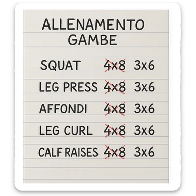 foglio di carta con scheda di allenamento gambe in italiano con volume di allenamento ridotto (fai alcuni esercizi con 4x8 scritti in precedenza sbarrati in rosso e la correzione accanto tipo 3x6), scrivila al meglio che puoi sticker