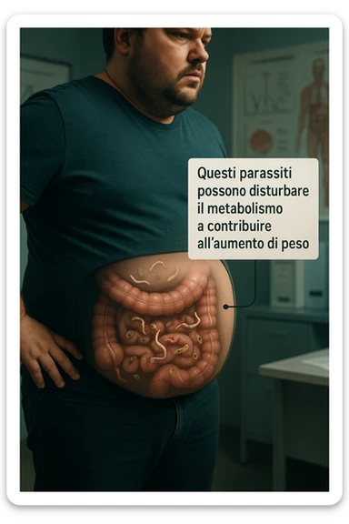 cinematic photo an overweight man is shown with a semi-transparent abdomen, highlighting the intestines filled with various types of parasites (such as worms or protozoa). Educational callouts explain how these parasites can disrupt metabolism and contribute to weight gain. The setting is a medical office, with charts and diagrams in the background. in italiano sticker