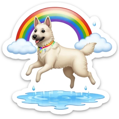 White belgian Shepard jumping over Rain puddles. There is a rainbow in the sky sticker