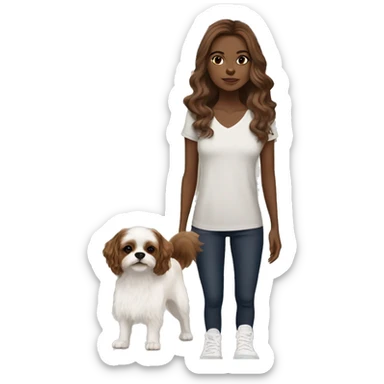 young woman with light bron skin, big brown eyes, tiny nose, long chocolate wavy hair. With a pair of sneakers on the background, add a house to the background, a shihtzu and a cihuahuadog sticker