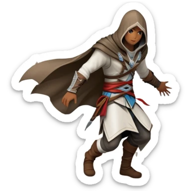 An icon representing an adventure game, inspired by Assassin's Creed. The design features a heroic character in hooded attire, scaling a tall building in a historical cityscape. The background shows ancient architecture and hidden symbols, symbolizing exploration and stealth. Transparent background  sticker